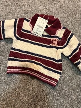 Zara Cream, Burgundy & Navy Striped Knit Sweater